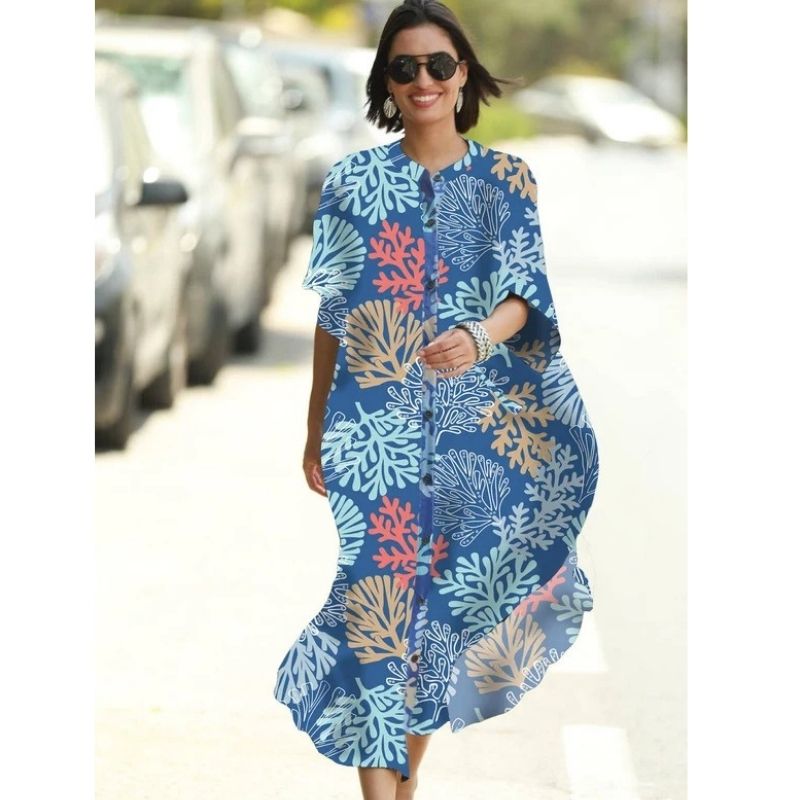 Moomoo Dresses for Women, Plus Size Ethnic Print Kaftan Dress, Mrs Roper Bubu Mumu Boho V Neck 3 Quarter Sleeve Tunic