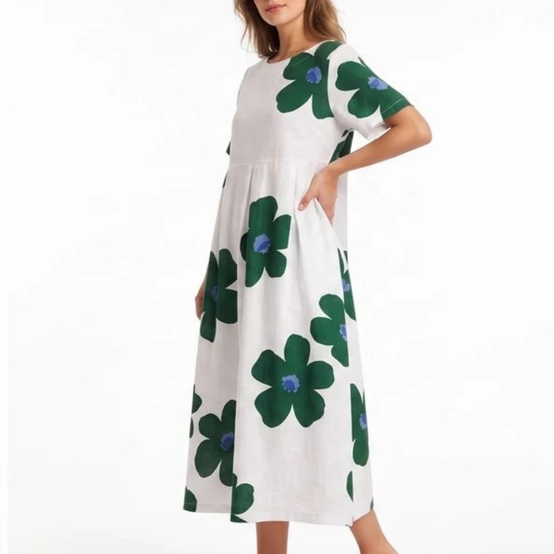 Womens Floral A Line Midi Dress, Short Sleeve Casual Summer Dress