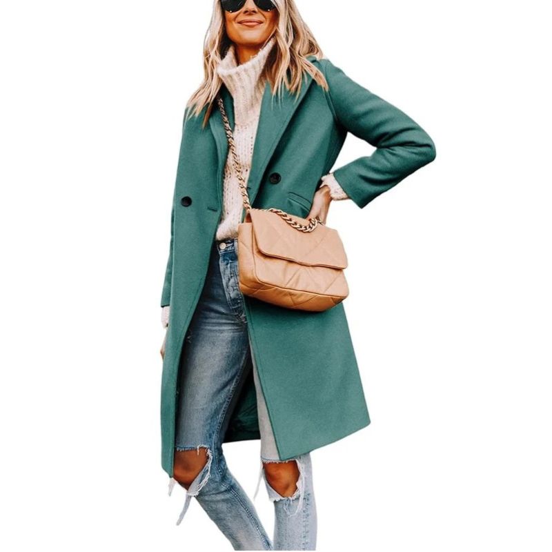 Womens Wool Peacoat, Double Breasted Coat with Notch Lapel