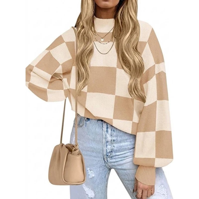 Womens Checkerboard Turtleneck Sweater - Ribbed Knit Loose Fit Pullover
