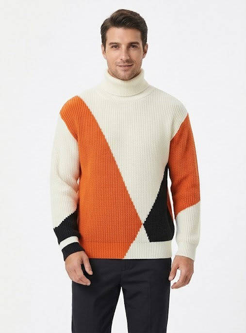 Ribbed Block Turtleneck Knit Sweater