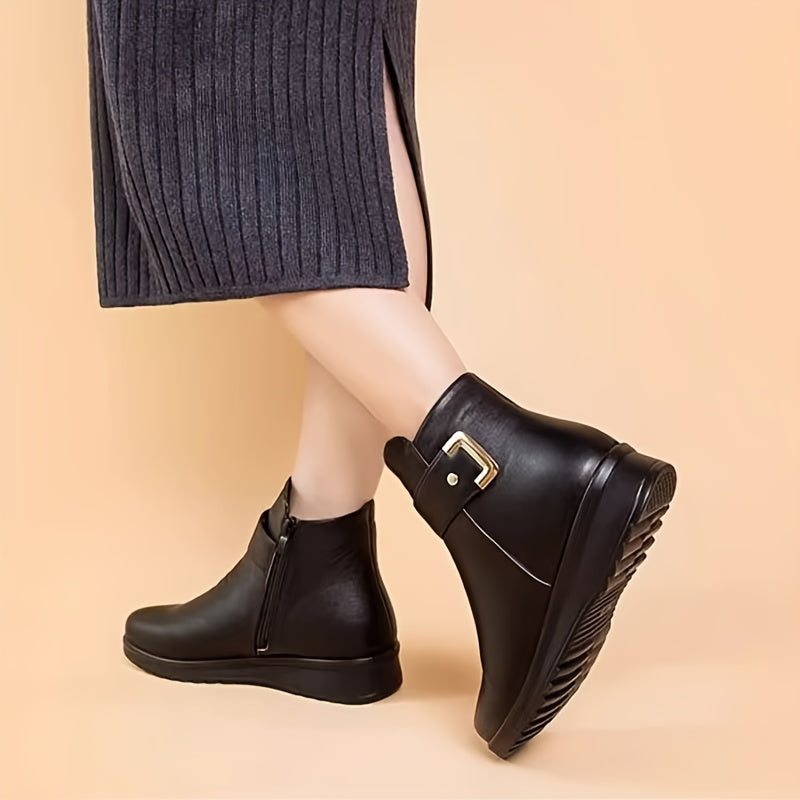 Lined Ankle Boots with Side Closure and Buckle Accent