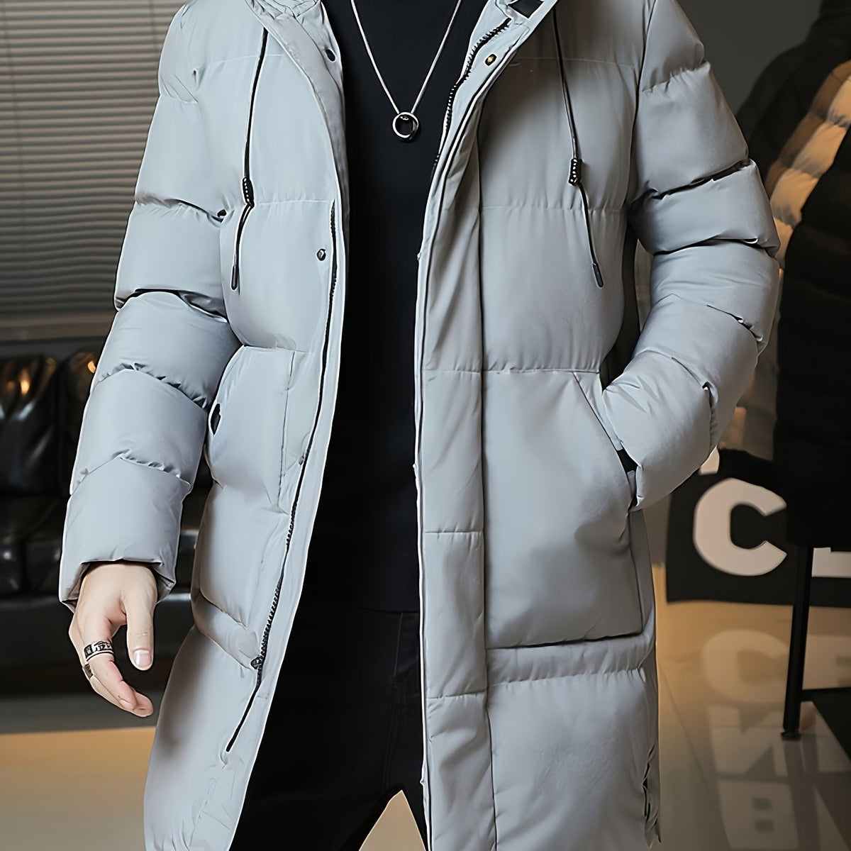 Insulated Longline Hooded Coat with Full-Length Zipper and Adjustable Hood