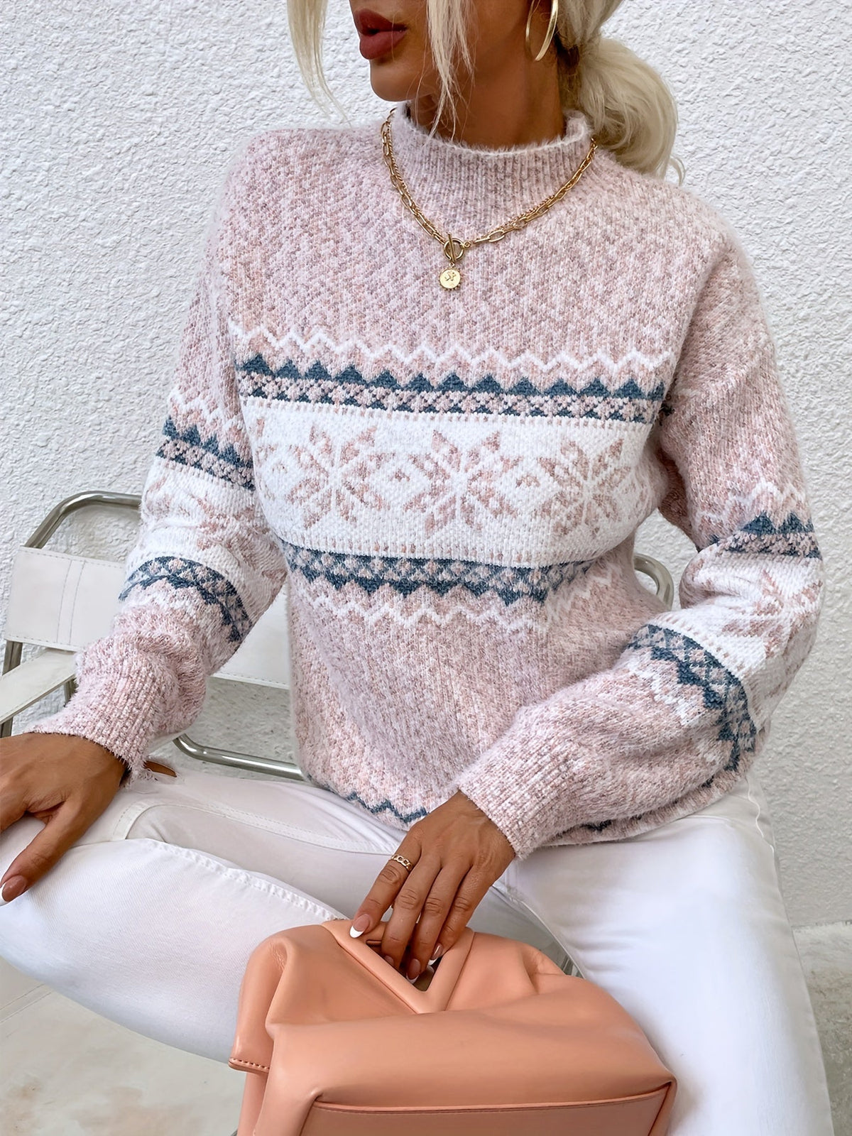 Mock Neck Sweater with Snowflake Knit Pattern and Relaxed Fit