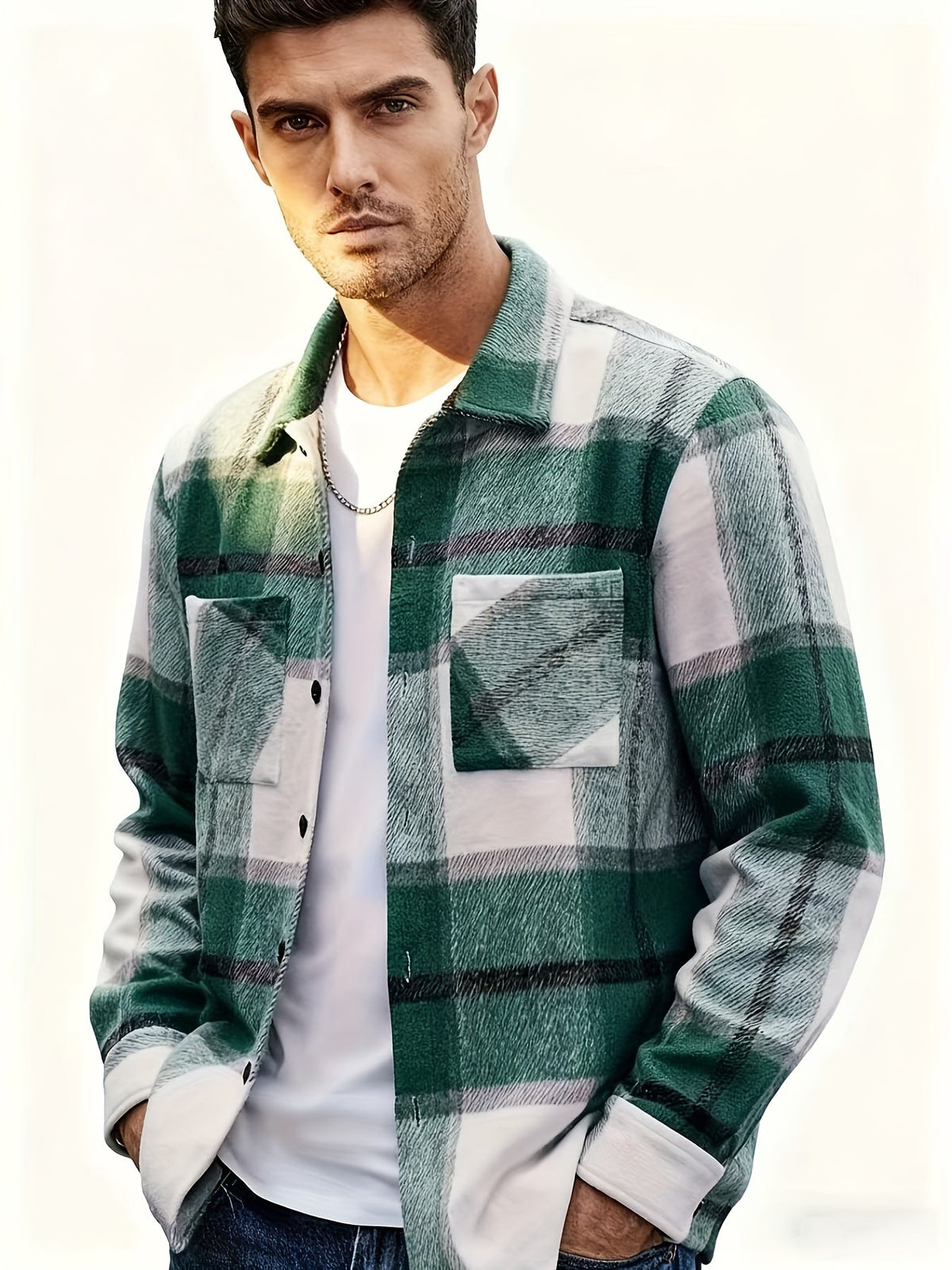 Check Pattern Button Front Overshirt with Dual Chest Pockets and Adjustable Cuffs