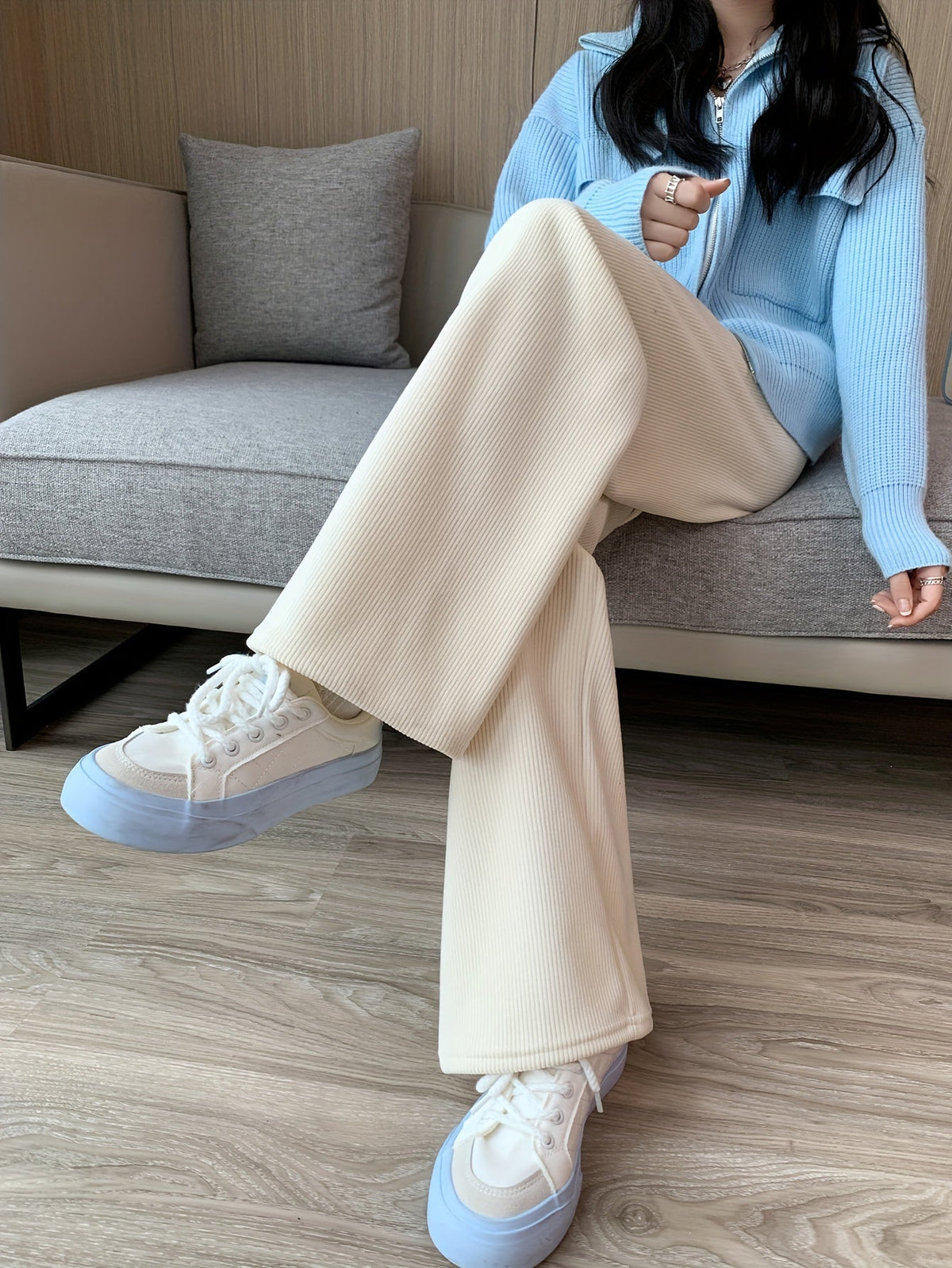 Wide Leg Lined Pants with Soft Inner Lining and Elastic Waistband
