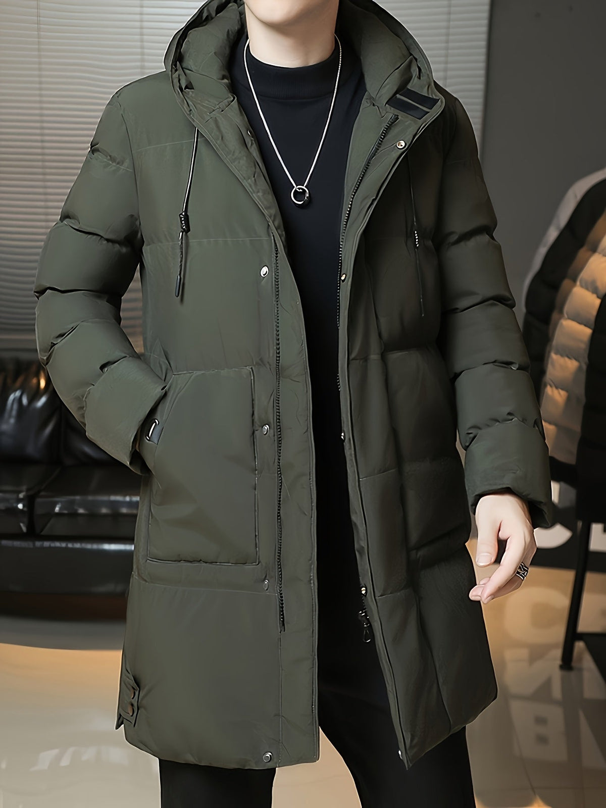 Insulated Longline Hooded Coat with Full-Length Zipper and Adjustable Hood