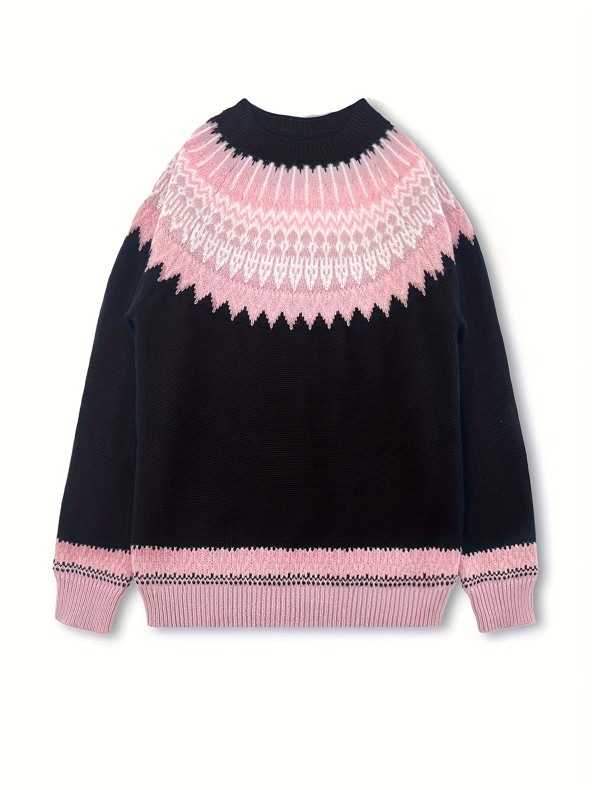 Chunky Jacquard Knit Sweater with Round Neck and Ribbed Cuffs, Hip Length