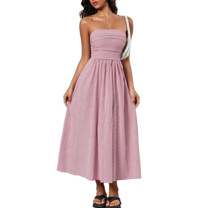 Womens Striped Strapless Maxi Dress, Casual Tube Top Summer Dress with Pockets