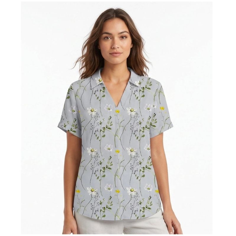 Womens Floral Print Linen Blouse, Vintage Peter Pan Collar Short Sleeve Shirt, Casual Lightweight Prairie Tops