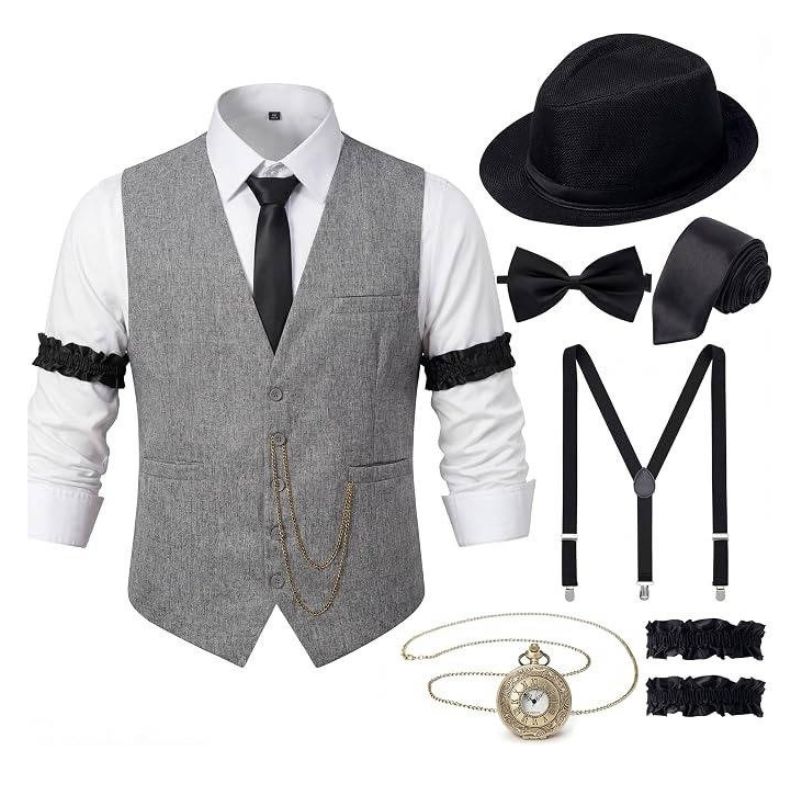 Mens 1920s Gatsby Costume, Roaring 20s Outfit, Vintage Vest and Hat Accessories