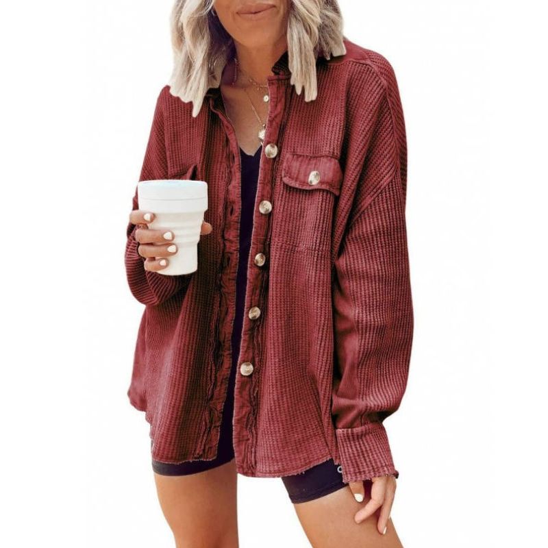 Oversized Waffle Knit Shirt Women Fall Shacket, Corduroy Long Sleeve Button Down Shirt Jacket