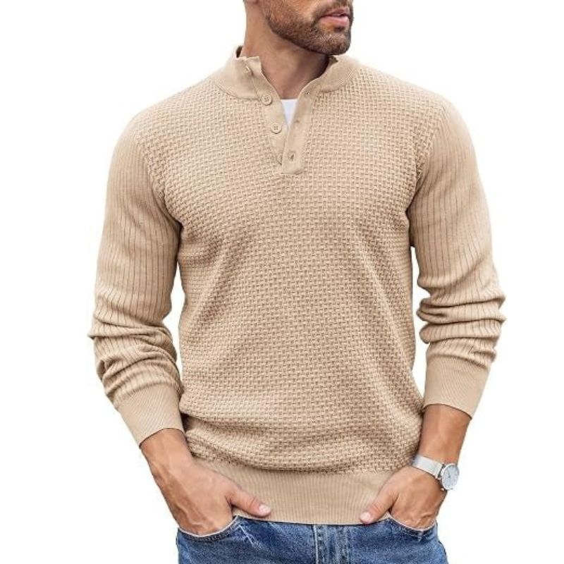 Mens Long Sleeve Henley Sweater, 4 Button Mock Neck Waffle Knit Pullover, Slim Fit Fall Winter Business Casual