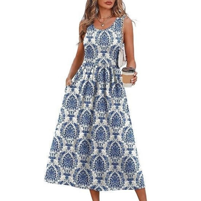 Womens Flowy Midi Dress, Casual Beach Vacation Sundress with Pockets