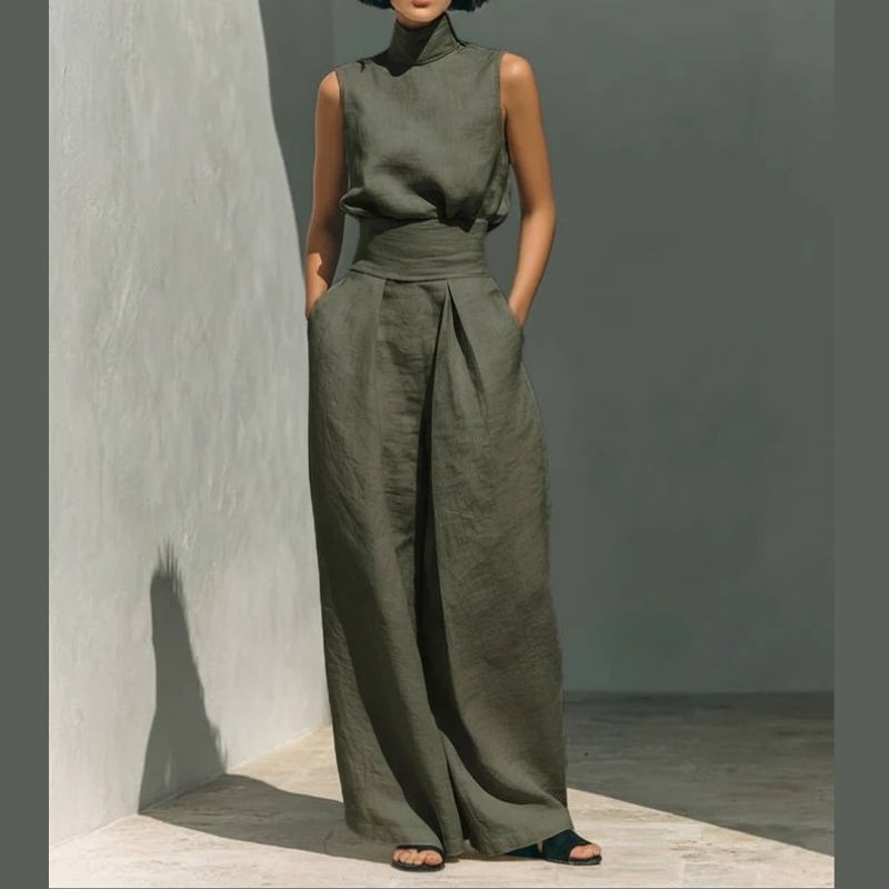 Womens Minimalist Linen Two Piece Set, Elegant Mock Neck Sleeveless Top and Wide Leg Pants Outfit, Vintage Casual Matching Suit