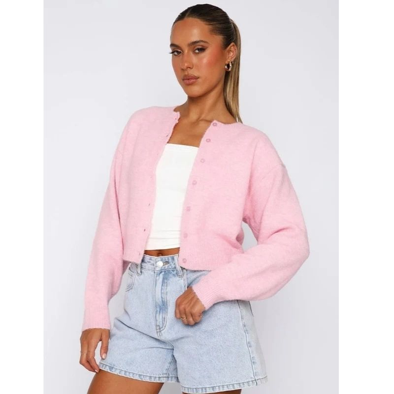 Womens Cropped Cardigan Sweaters, Crew Neck Long Sleeve Button Up Lightweight Knit