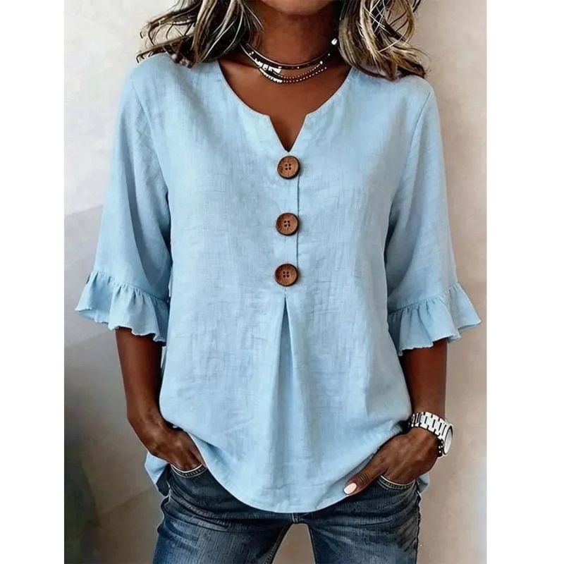 Womens Floral Print Linen Blouse, Vintage V Neck Sleeve Shirt, Casual Ruffle Cuff Button Down Tops