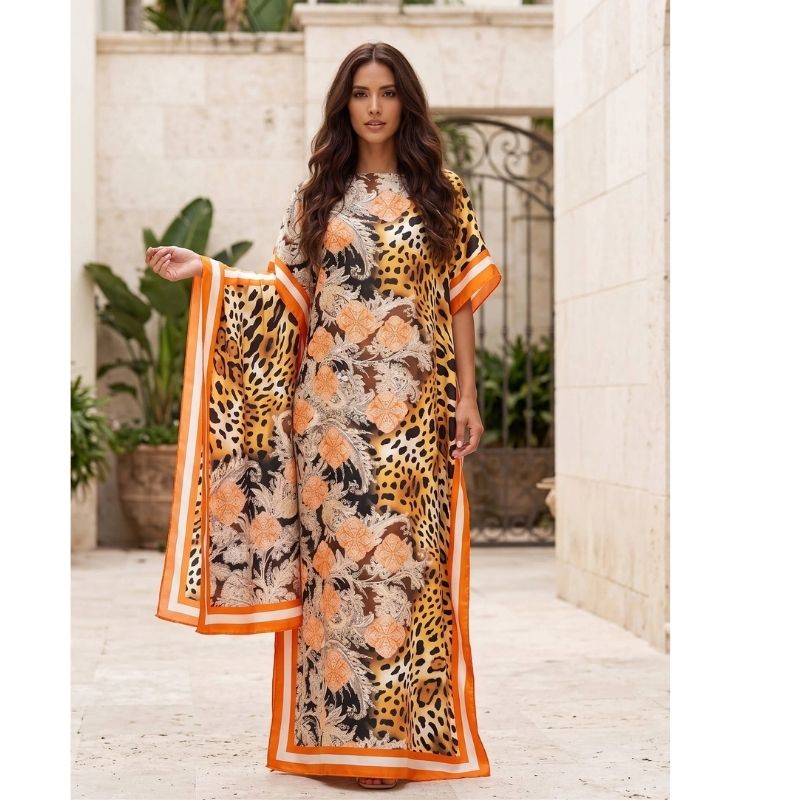 Moomoo Dresses for Women, Bohemian Printed Long Dress and Scarf Set Beach Vacation Matching Outfit