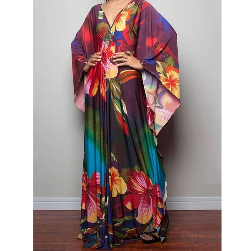Moomoo Dresses for Women, Plus Size Ethnic Print Kaftan Dress, Mrs. Roper Bubu Mumu Boho Swimsuit Cover Up