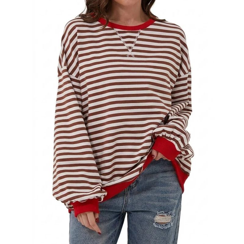Womens Oversized Striped Crewneck Sweatshirt - Long Sleeve Pullover