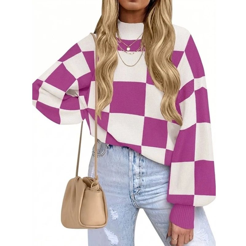 Womens Checkerboard Turtleneck Sweater - Ribbed Knit Loose Fit Pullover