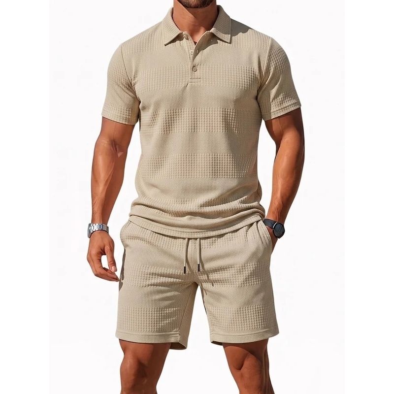Mens Knitted Polo and Shorts Set, Vintage Casual Two Piece Outfits, Short Sleeve Textured Tracksuit
