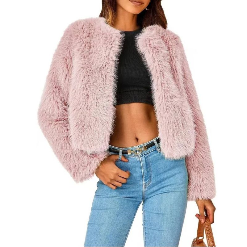Womens Cropped Faux Fur Jacket, Fluffy Shaggy Long Sleeve Short Coat