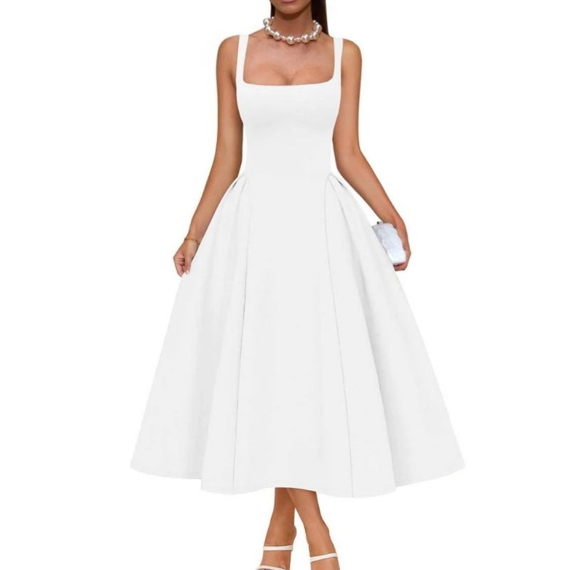 Womens Square Neck A Line Midi Dress, Elegant Wedding Guest and Evening Party Dress