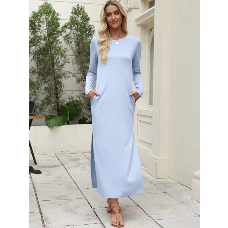 Women’s Long Sleeve Casual Maxi Work Dress, Loose Fit Split Style