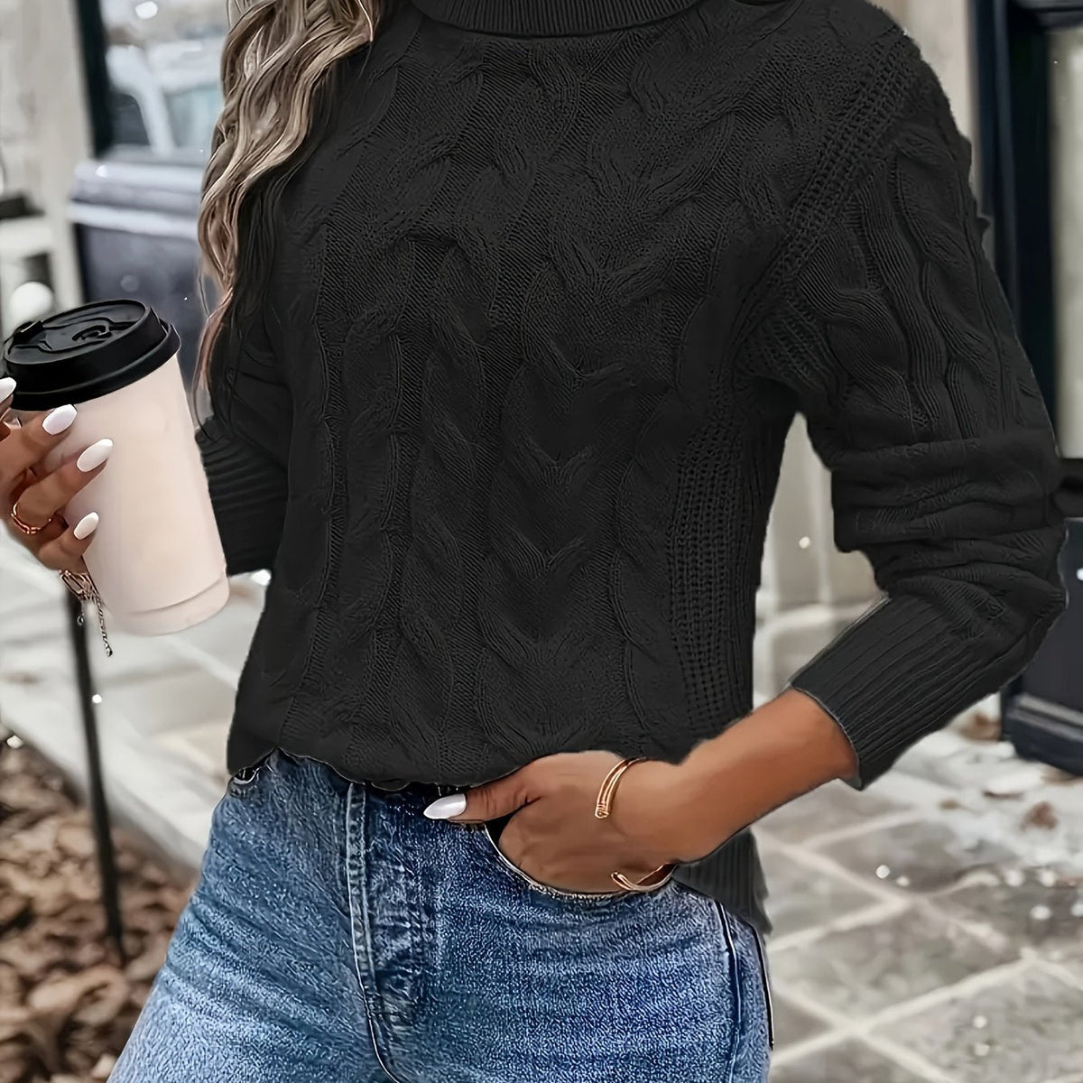 Cable Knit Turtleneck Sweater with Relaxed Fit and High Roll Neck