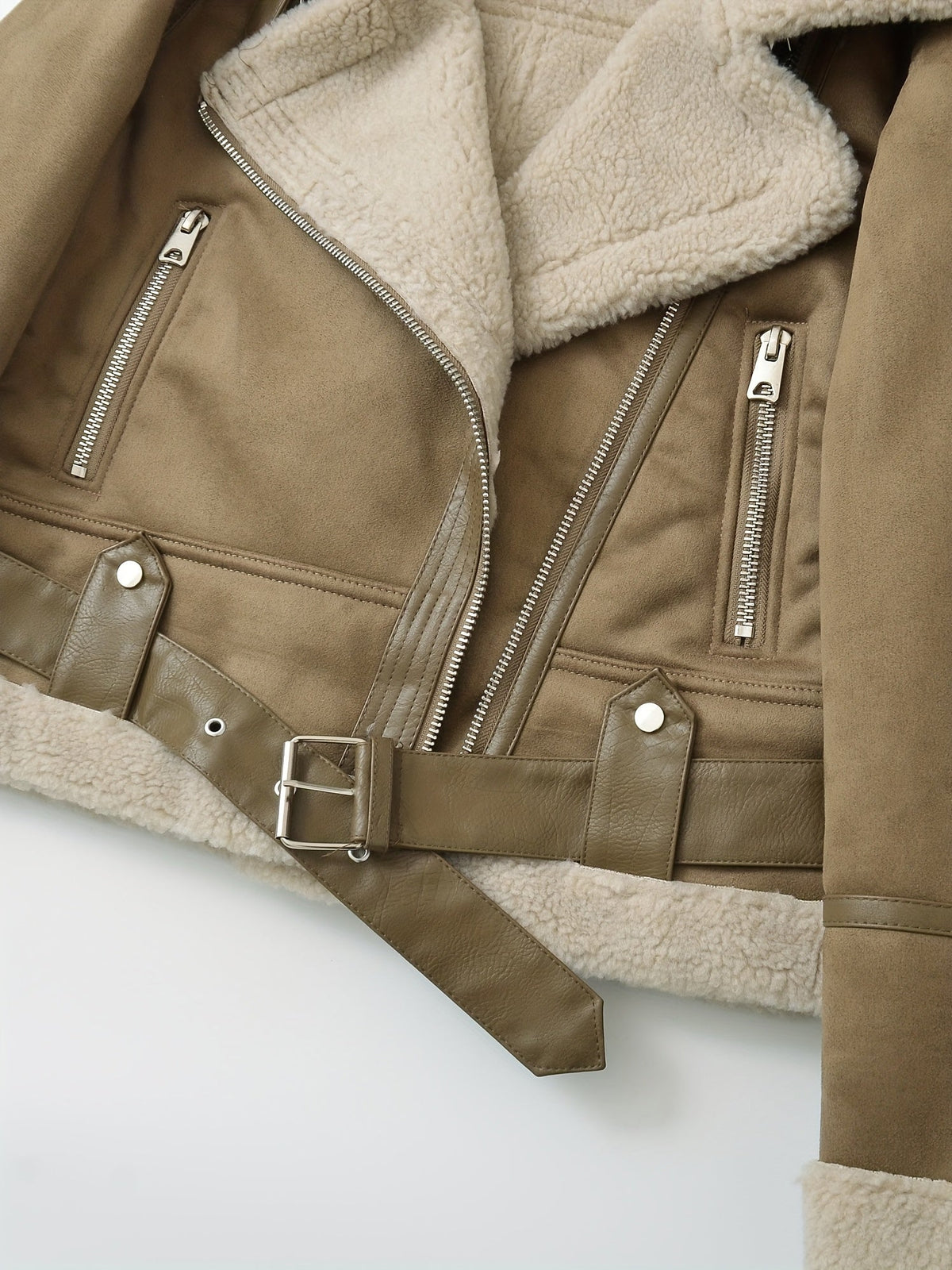 Aviator Jacket with Adjustable Waist Belt and Plush Lined Collar, Zippered Pockets