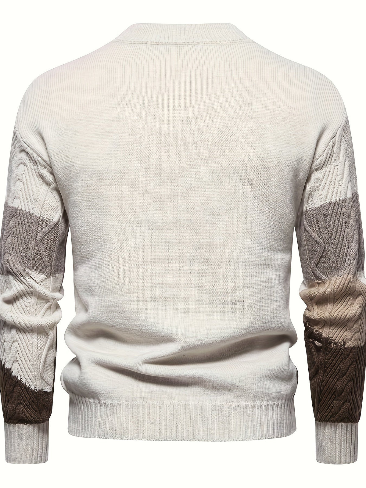 Textured Cable Knit Pullover with Color Block Design and Round Neckline