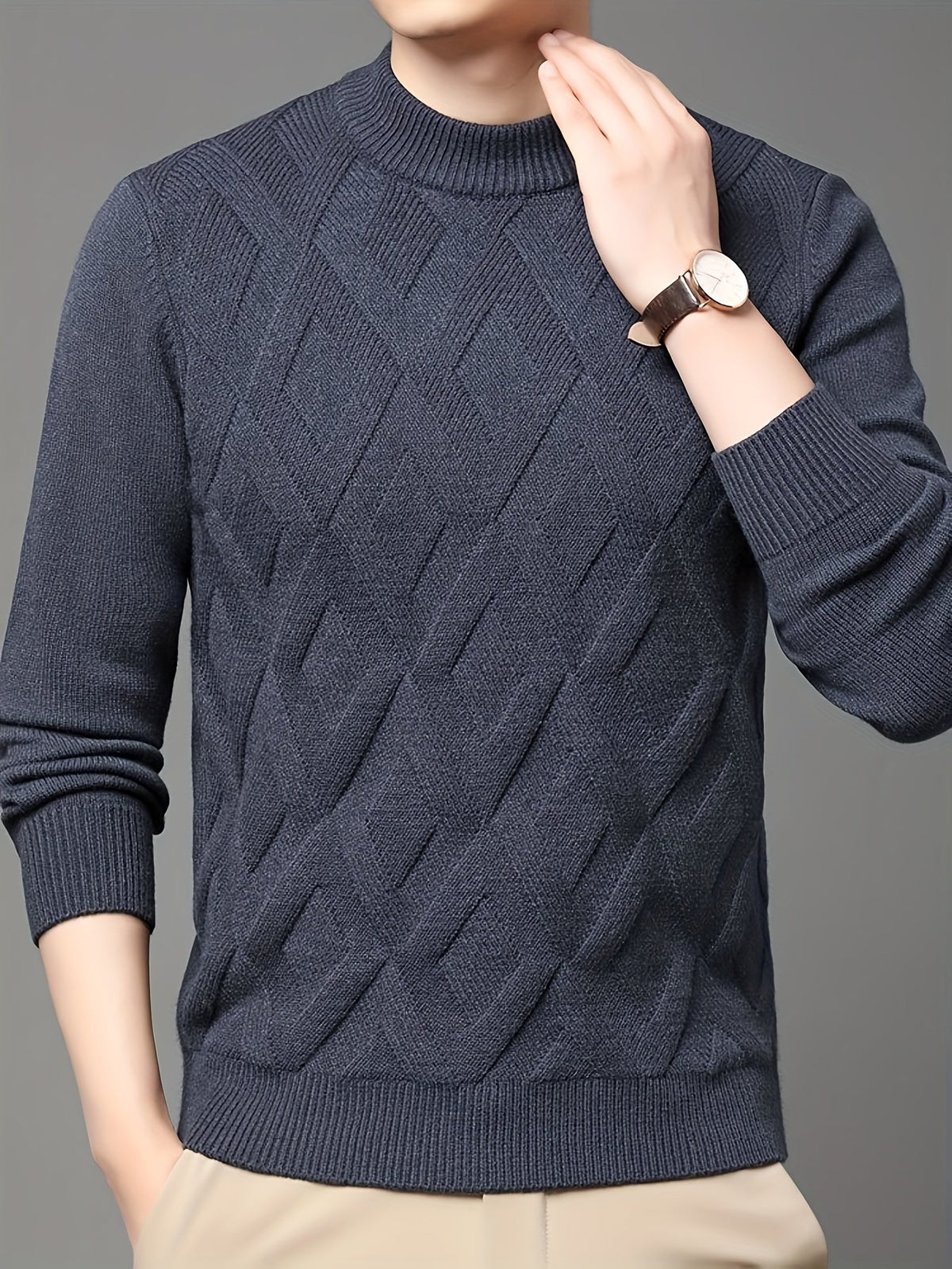 Mock Neck Sweater with Diagonal Knit Texture and Ribbed Collar