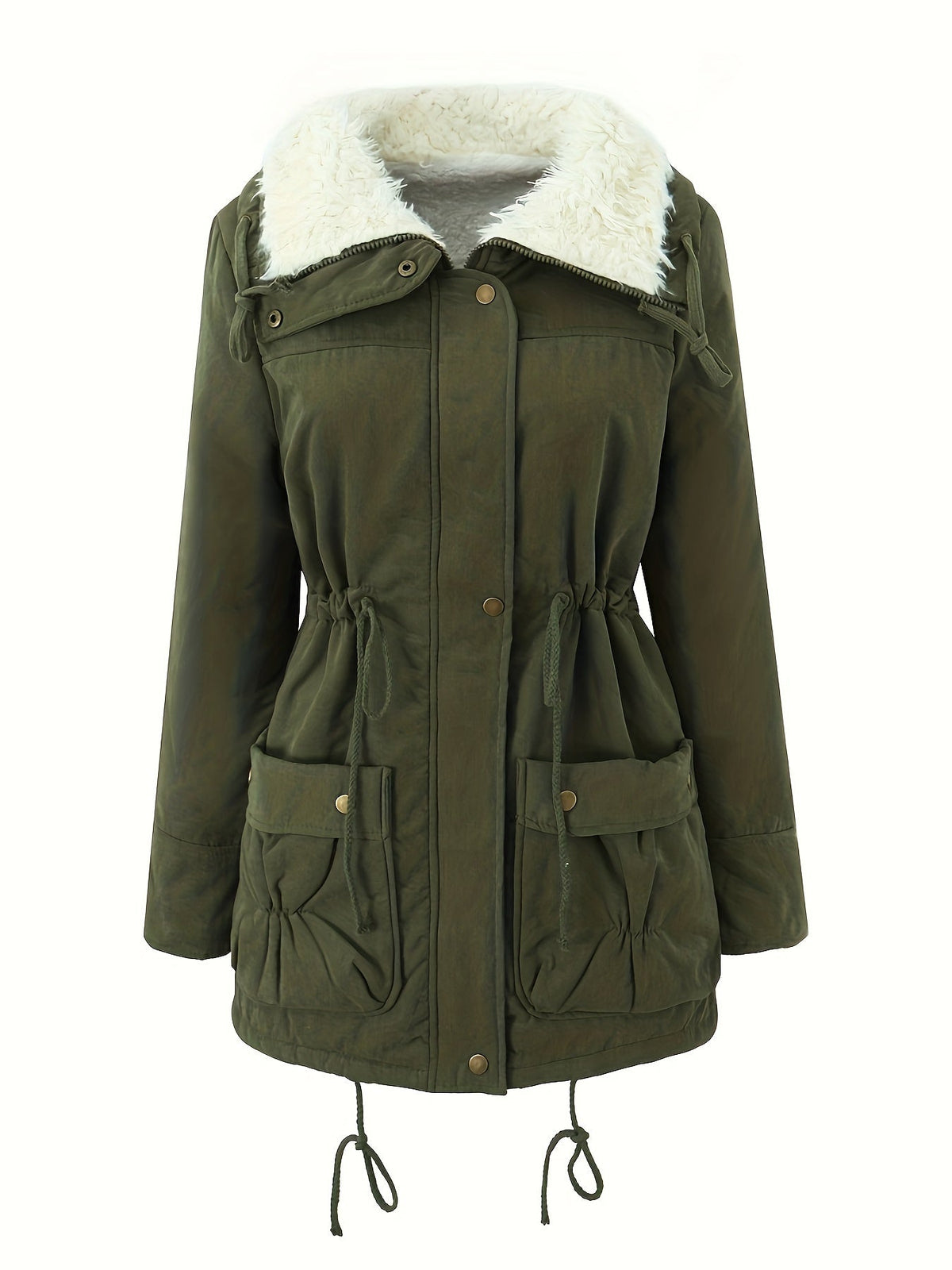 Mid Length Parka with Plush Lining and Adjustable Drawstring, Snap Button Closure