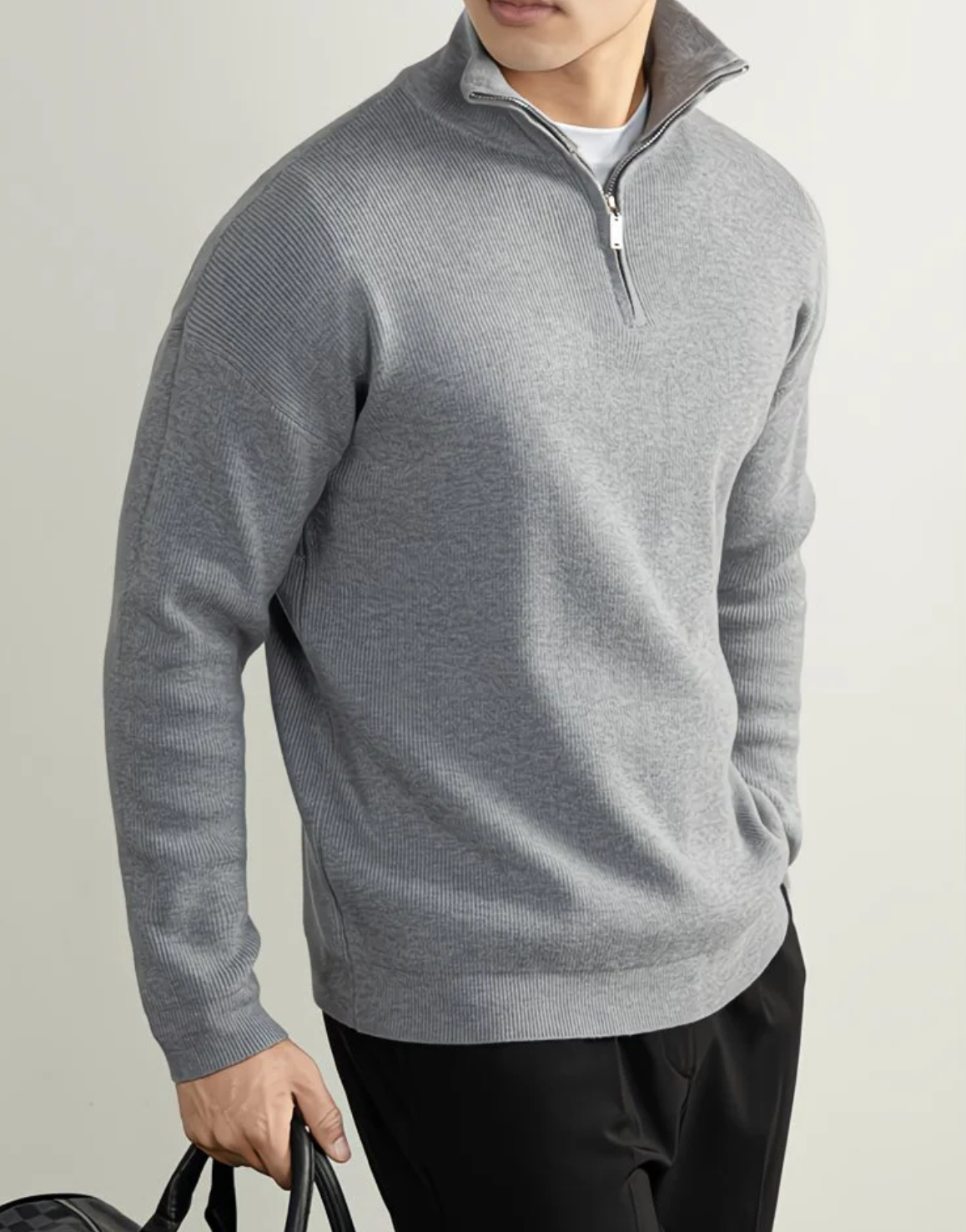 Mens Half Zip Knit Sweater with Adjustable Neckline and Breathable Yarn, Business Casual