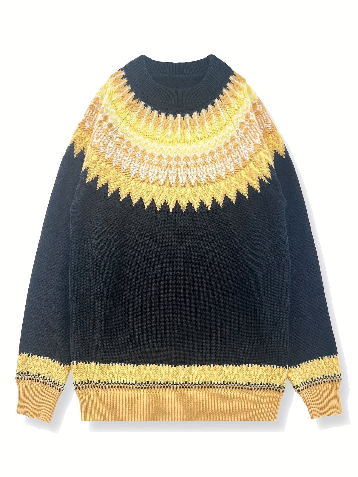 Chunky Jacquard Knit Sweater with Round Neck and Ribbed Cuffs, Hip Length