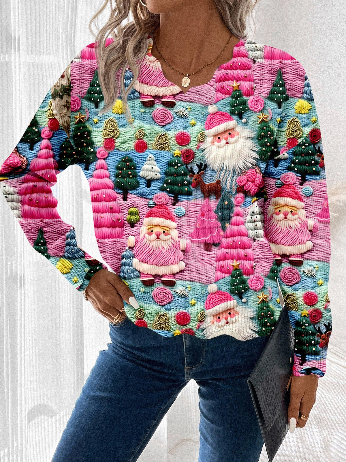 Womens Holiday Pullover Sweater with Scalloped Hem and Multicolor Pattern