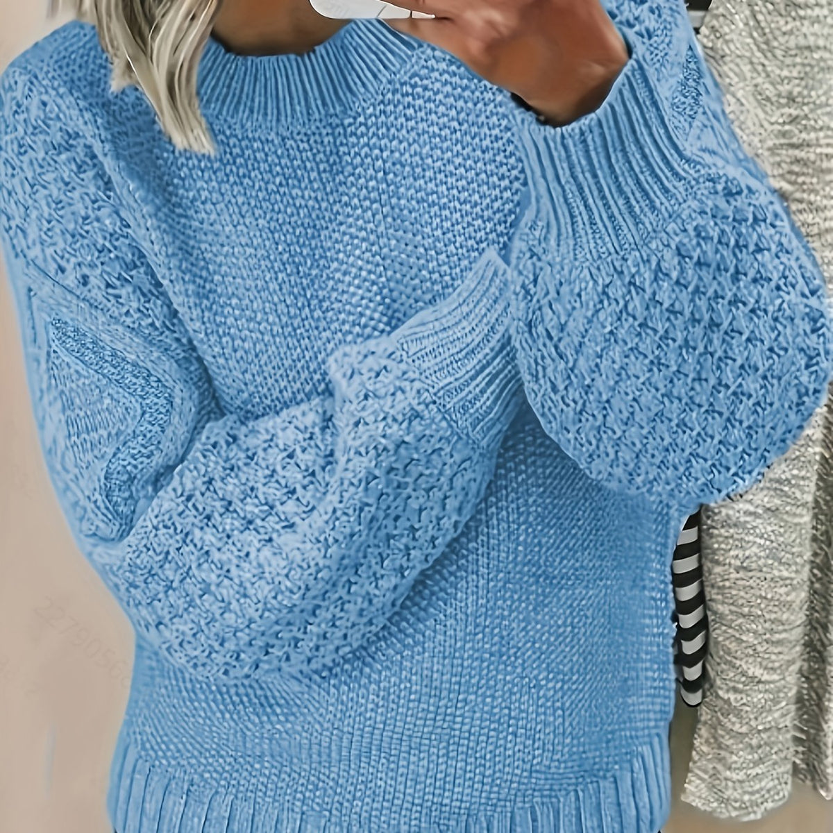 Textured Knit Pullover with Lantern Sleeves and Ribbed Neckline