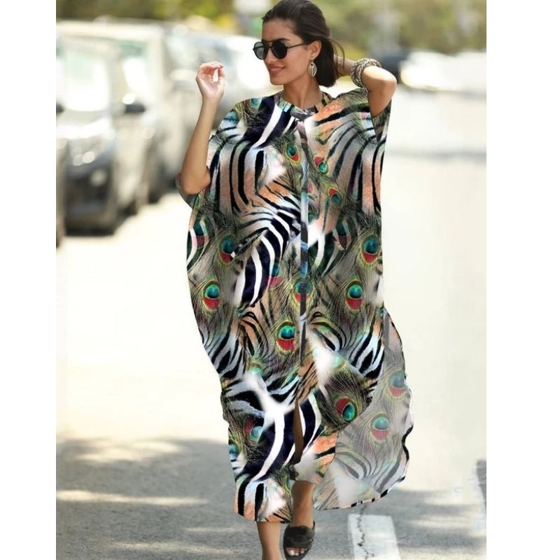 Moomoo Dresses for Women, Plus Size Ethnic Print Kaftan Dress, Mrs Roper Bubu Mumu Boho V Neck 3 Quarter Sleeve Tunic