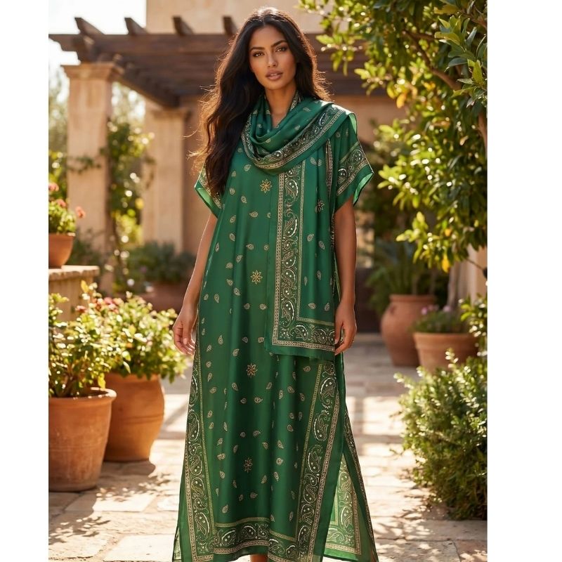 Moomoo Dresses for Women, Bohemian Printed Long Dress and Scarf Set Beach Vacation Matching Outfit