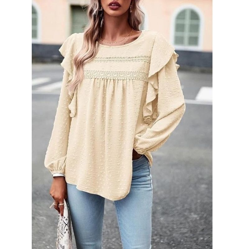 Womens Long Sleeve Shirts, Ruffle Swiss Dot Crochet Loose Fit Tunic, Dressy Casual Tops Blouse, Spring Fashion