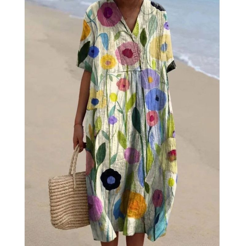 Womens Cotton Maxi Dress, Floral V Neck Short Sleeve Oversized Casual Midi Dress