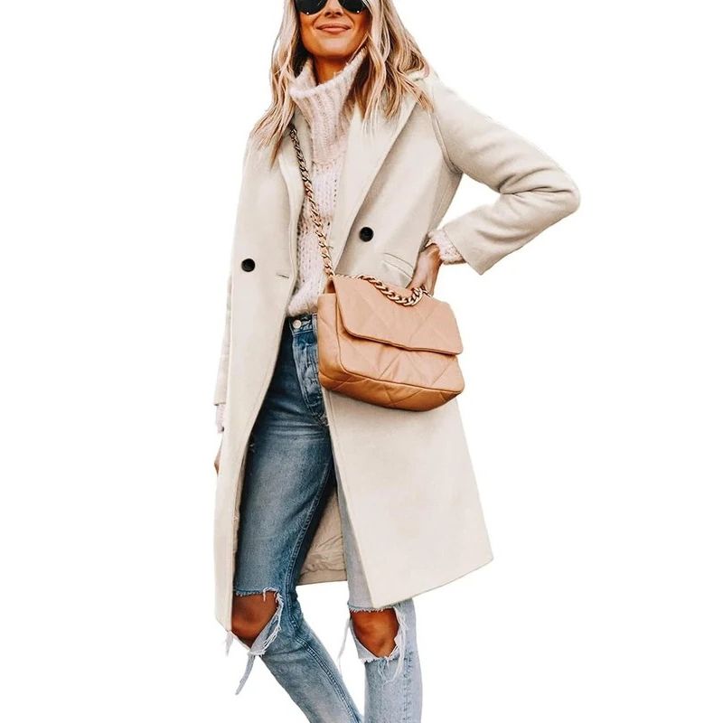 Womens Wool Peacoat, Double Breasted Coat with Notch Lapel