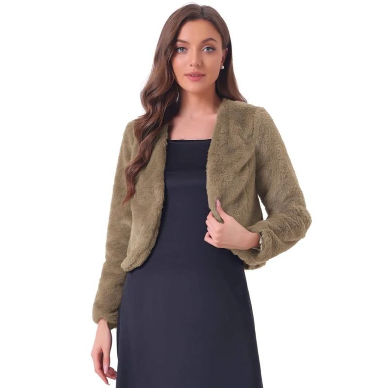 Womens Cropped Faux Fur Jacket, Long Sleeve Wedding Bolero Coat