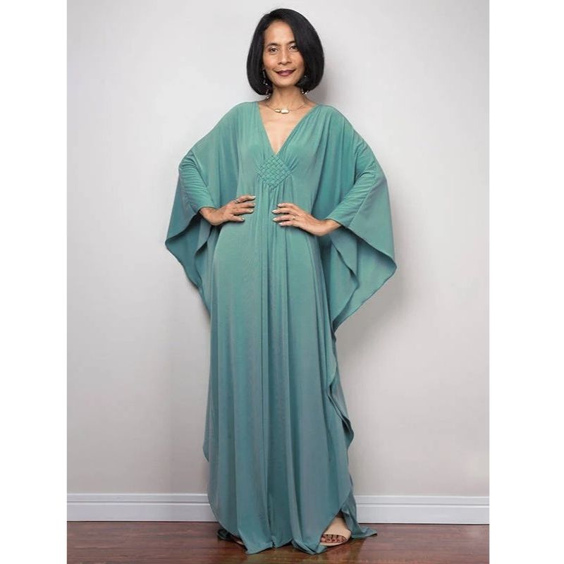 Moomoo Dresses for Women, Plus Size V Neck Long Batwing Sleeve Floral Beach Cover Up Dress