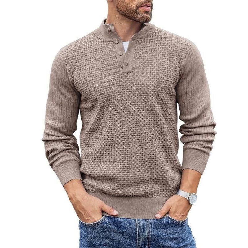 Mens Long Sleeve Henley Sweater, 4 Button Mock Neck Waffle Knit Pullover, Slim Fit Fall Winter Business Casual