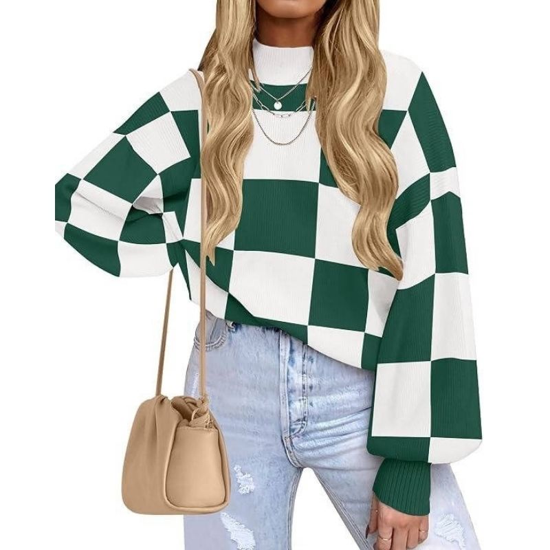 Womens Checkerboard Turtleneck Sweater - Ribbed Knit Loose Fit Pullover
