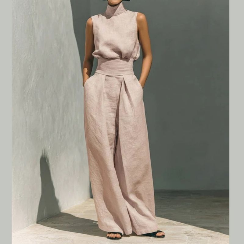 Womens Minimalist Linen Two Piece Set, Elegant Mock Neck Sleeveless Top and Wide Leg Pants Outfit, Vintage Casual Matching Suit