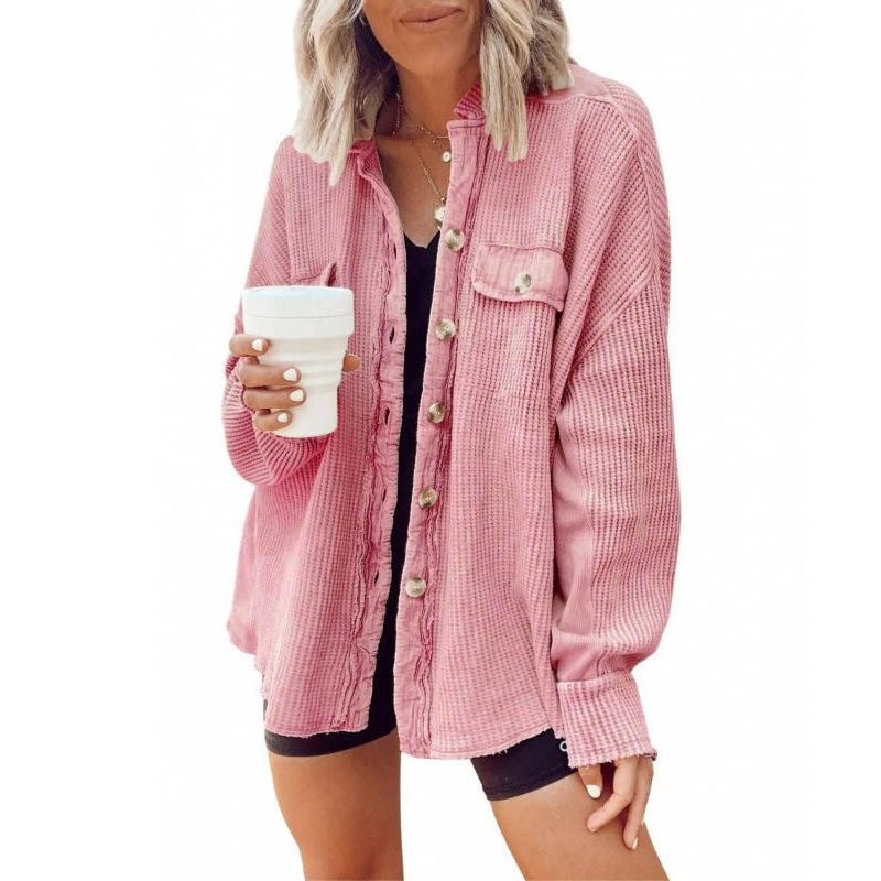 Oversized Waffle Knit Shirt Women Fall Shacket, Corduroy Long Sleeve Button Down Shirt Jacket