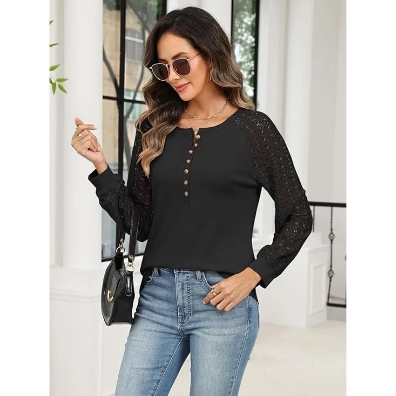 Womens Lace Long Sleeve Henley Top - Casual Fall Blouse